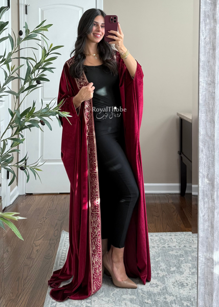 Burgundy Velvet Arabic Letter Bisht -Free Size