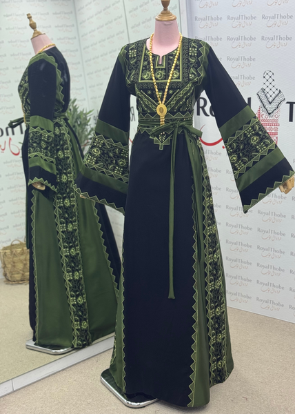 Black /Olive Green Simple Satin Long Full Embroidered Thobe