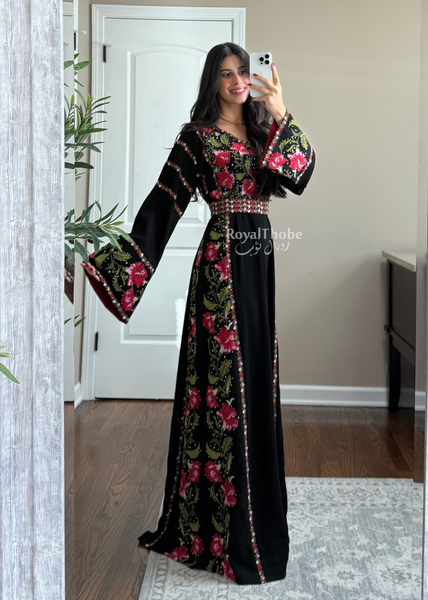 Floral Black/Red Long Full Embroidered Thobe