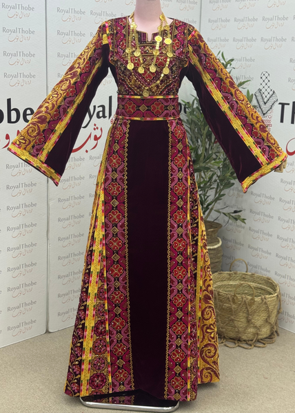 Velvet Burgundy/Gold Floral Modern Long Full Embroidered Thobe