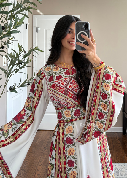 Bridal White/ Red and Gold Kasab Floral Full Embroidered Thobe And Shaleh Included