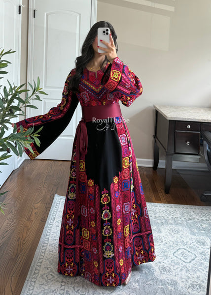 Black Colorful Maleka Full Embroidered Thobe