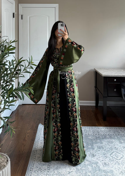 Black/Olive Green Orange Floral Long Full Embroidered Thobe