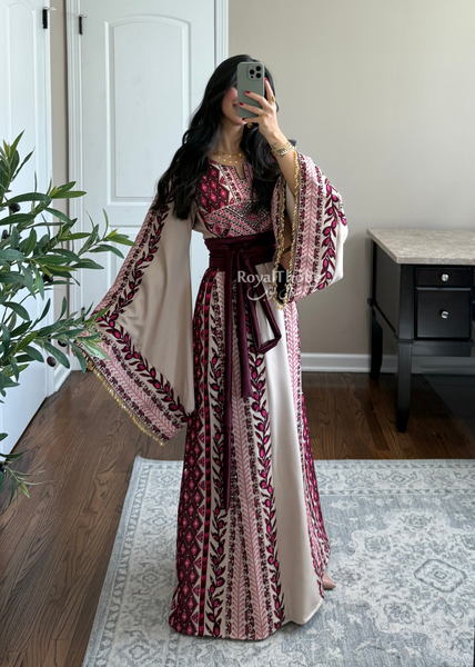 Beige/ Burgundy Zaytona Branches Full Embroidered Thobe