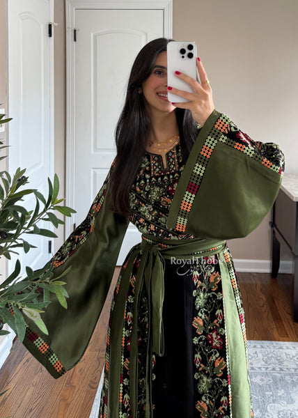 Black/Olive Green Orange Floral Long Full Embroidered Thobe