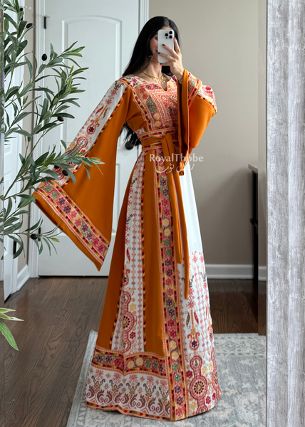 White/ Mustard Orange Maleka Floral Long Embroidered Thobe