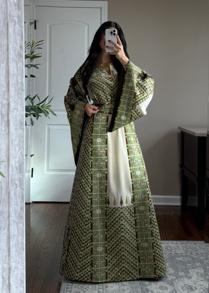 Beige/ Olive Green Arrow Full Embroidered Thobe With Olive Green Gold Coins Kherka