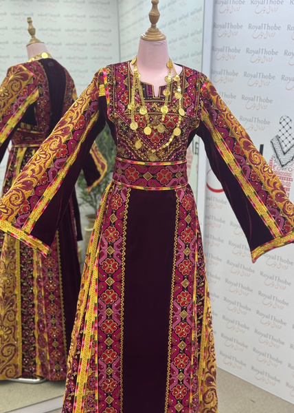 Velvet Burgundy/Gold Floral Modern Long Full Embroidered Thobe