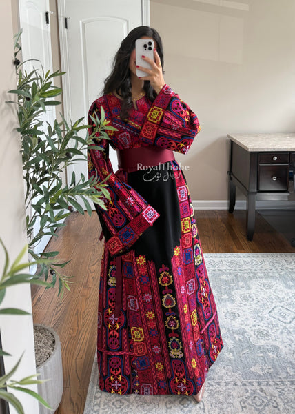 Black Colorful Maleka Full Embroidered Thobe