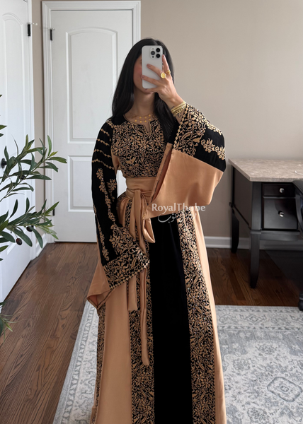 Black/ Gold Satin Simple Worood Long Full Embroidered Thobe