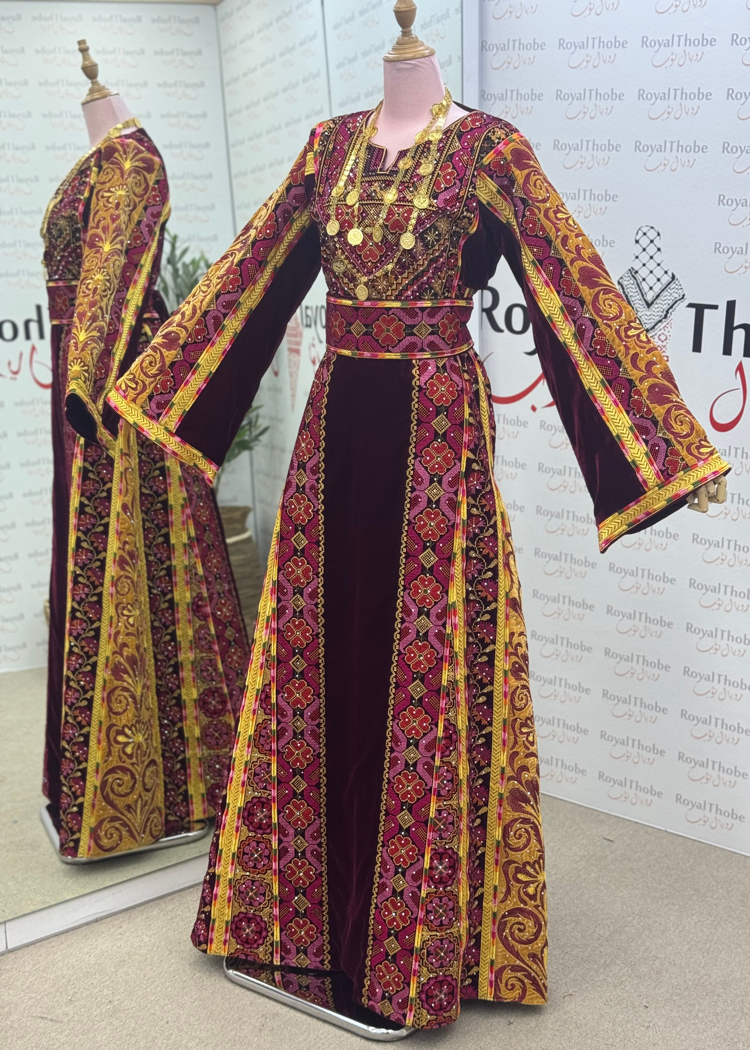 Velvet Burgundy/Gold Floral Modern Long Full Embroidered Thobe