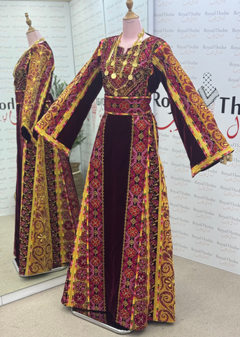 Velvet Burgundy/Gold Floral Modern Long Full Embroidered Thobe
