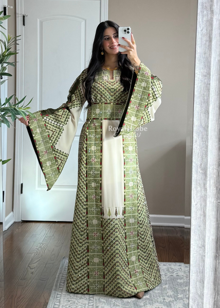 Beige/ Olive Green Arrow Full Embroidered Thobe With Olive Green Gold Coins Kherka