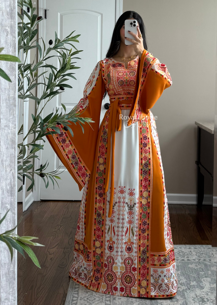 White/ Mustard Orange Maleka Floral Long Embroidered Thobe