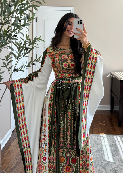 Olive Green/White Satin Maleka Full Embroidered Thobe