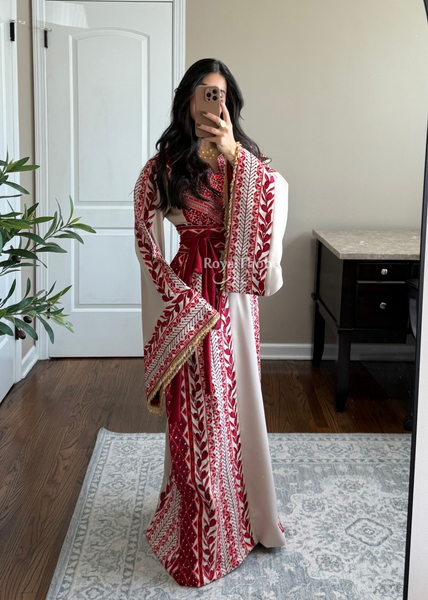 Beige/ Burgundy Zaytona Branches Full Embroidered Thobe