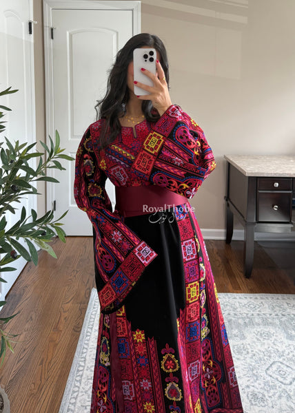 Black Colorful Maleka Full Embroidered Thobe