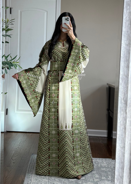 Beige/ Olive Green Arrow Full Embroidered Thobe With Olive Green Gold Coins Kherka