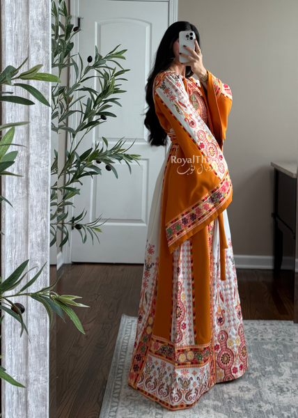 White/ Mustard Orange Maleka Floral Long Embroidered Thobe