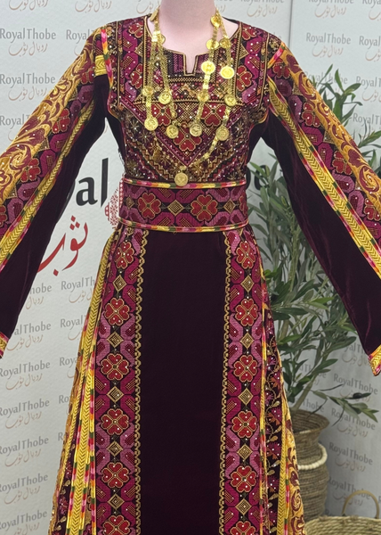 Velvet Burgundy/Gold Floral Modern Long Full Embroidered Thobe