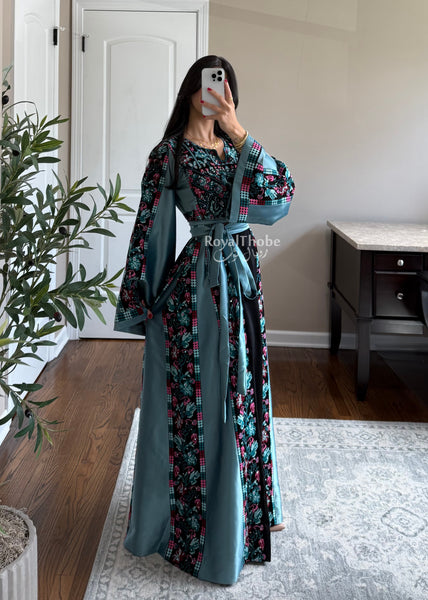 Black/Blue Floral&nbsp;Long Full Embroidered Thobe