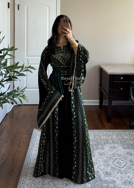 Black/ Olive Green Zaytona Branches Full Embroidered Thobe