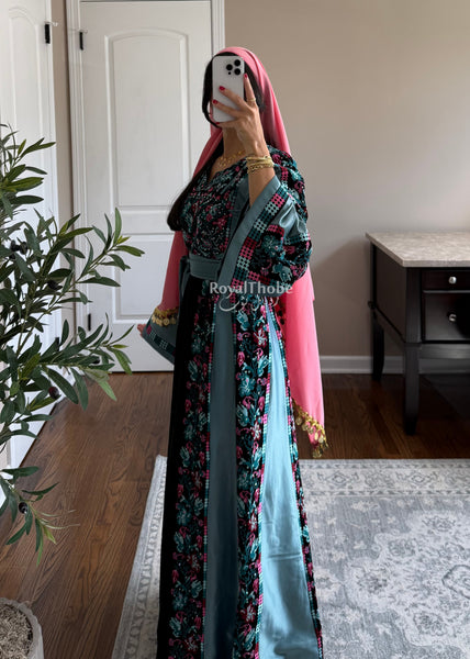 Black/Blue Floral&nbsp;Long Full Embroidered Thobe