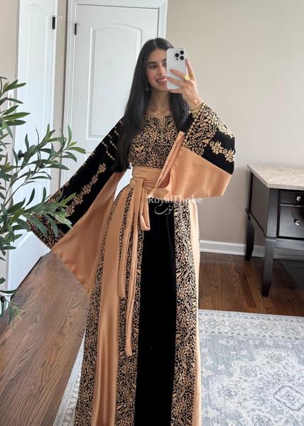 Black/ Gold Satin Simple Worood Long Full Embroidered Thobe
