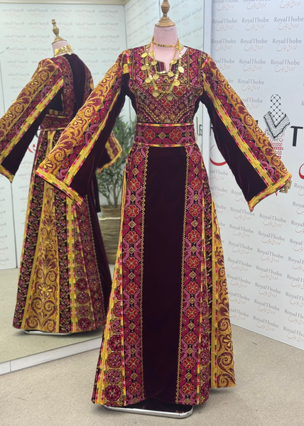 Velvet Burgundy/Gold Floral Modern Long Full Embroidered Thobe