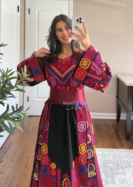 Black Colorful Maleka Full Embroidered Thobe
