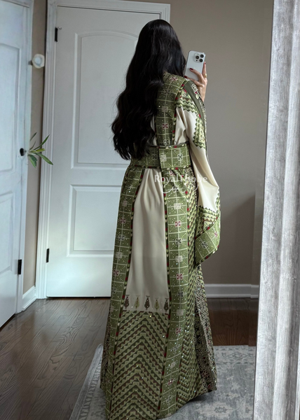 Beige/ Olive Green Arrow Full Embroidered Thobe With Olive Green Gold Coins Kherka