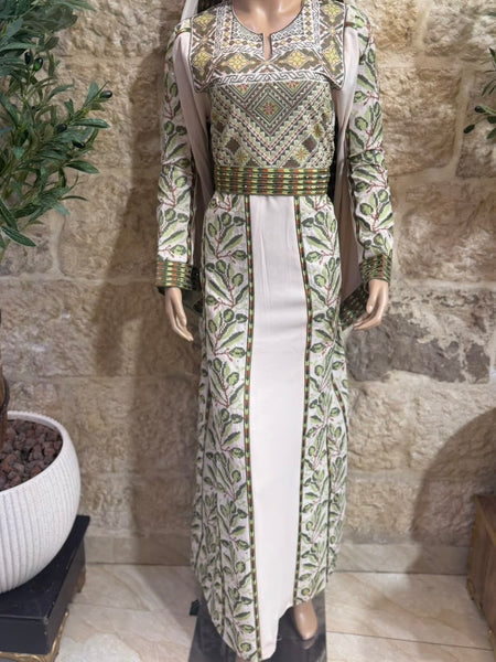 Beige/ Green & Brown Olive Branches Long Full Embroidered Thobe.