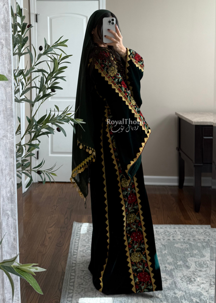 Velvet Olive Green Simple Floral Long Embroidered Thobe/Dress