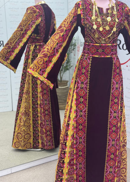 Velvet Burgundy/Gold Floral Modern Long Full Embroidered Thobe
