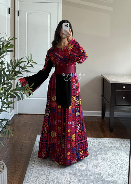 Black Colorful Maleka Full Embroidered Thobe