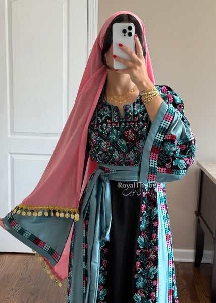 Black/Blue Floral&nbsp;Long Full Embroidered Thobe