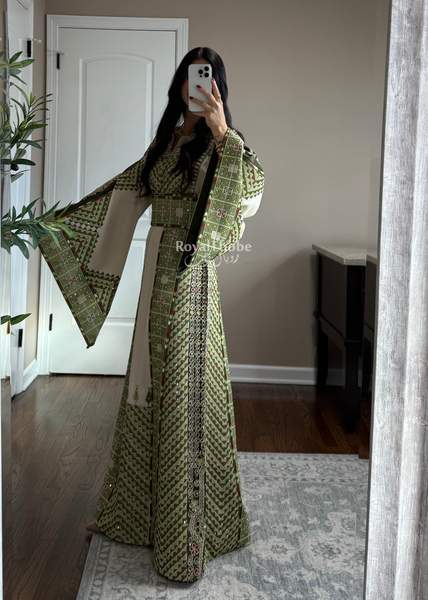 Beige/ Olive Green Arrow Full Embroidered Thobe With Olive Green Gold Coins Kherka