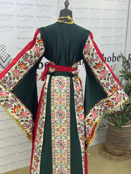 Olive Green & Cream Beige Satin Floral Full Embroidered Thobe with Gold Beaded Fringe Sleeves