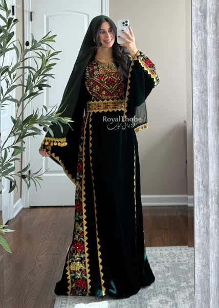 Velvet Olive Green Simple Floral Long Embroidered Thobe/Dress