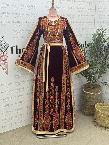 Velvet Burgundy Maleka Modern Long Full Embroidered Thobe