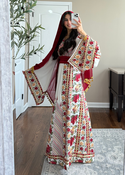 Bridal White/ Red and Gold Kasab Floral Full Embroidered Thobe And Shaleh Included