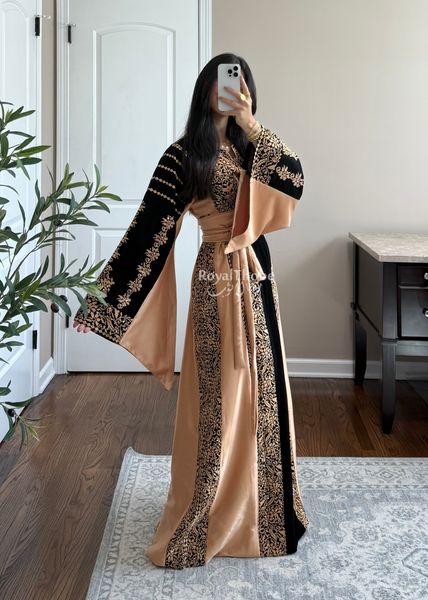 Black/ Gold Satin Simple Worood Long Full Embroidered Thobe