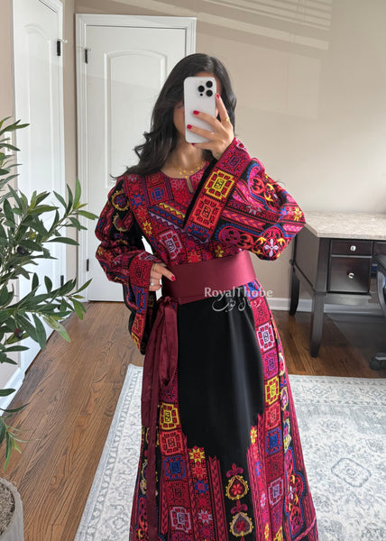 Black Colorful Maleka Full Embroidered Thobe