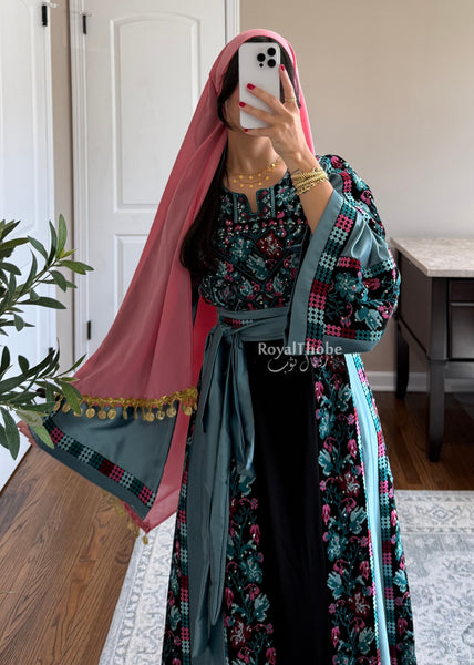 Black/Blue Floral&nbsp;Long Full Embroidered Thobe