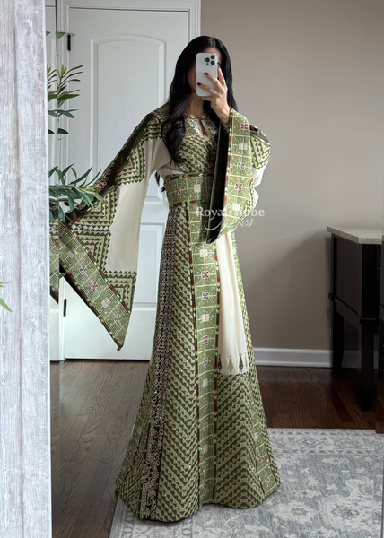 Beige/ Olive Green Arrow Full Embroidered Thobe With Olive Green Gold Coins Kherka