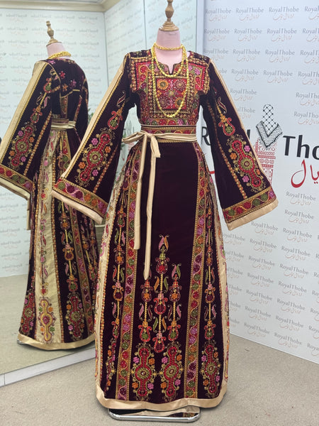 Velvet Burgundy Maleka Modern Long Full Embroidered Thobe