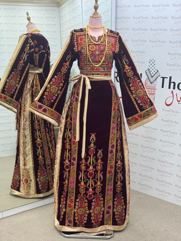 Velvet Burgundy Maleka Modern Long Full Embroidered Thobe
