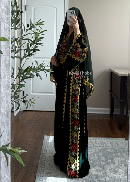 Velvet Olive Green Simple Floral Long Embroidered Thobe/Dress