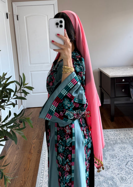 Black/Blue Floral&nbsp;Long Full Embroidered Thobe