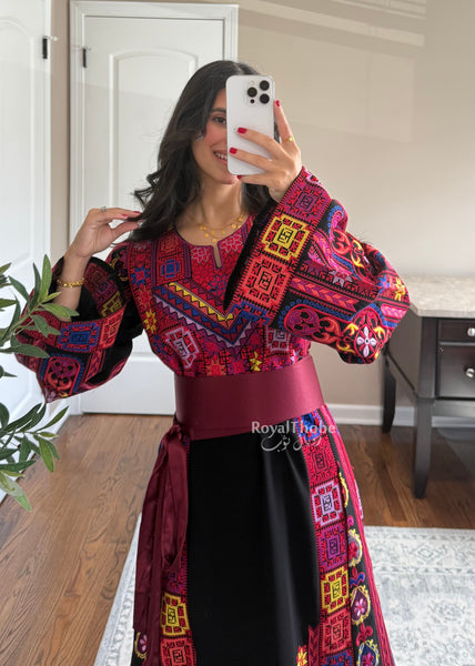 Black Colorful Maleka Full Embroidered Thobe